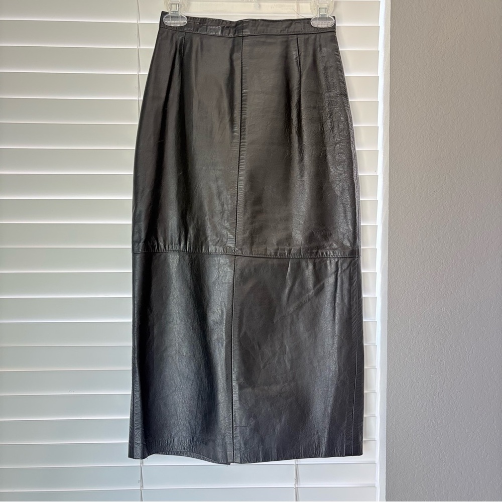 90s Phoenix Black Leather Split Midi Pencil Skirt Lined Women’s Size 6 W24 USA